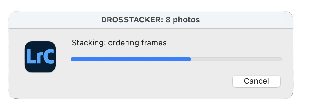 The DROSSTACKER progress window in Lightroom while stacking 8 photos